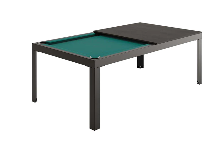 Black and green pool table with a cover.