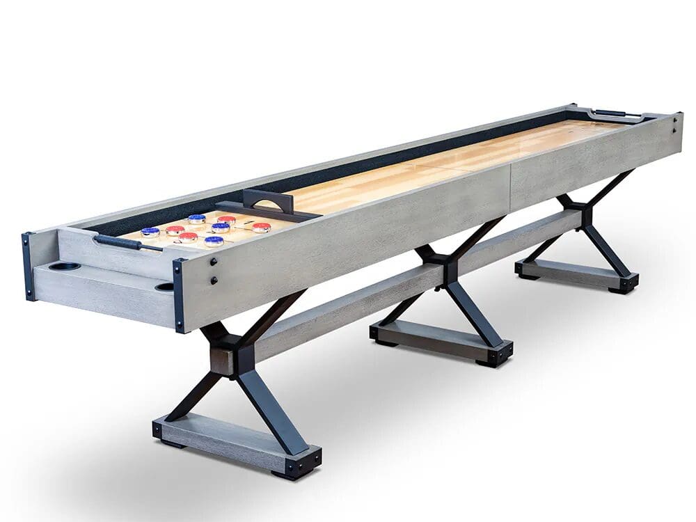 Gray shuffleboard table with black legs.