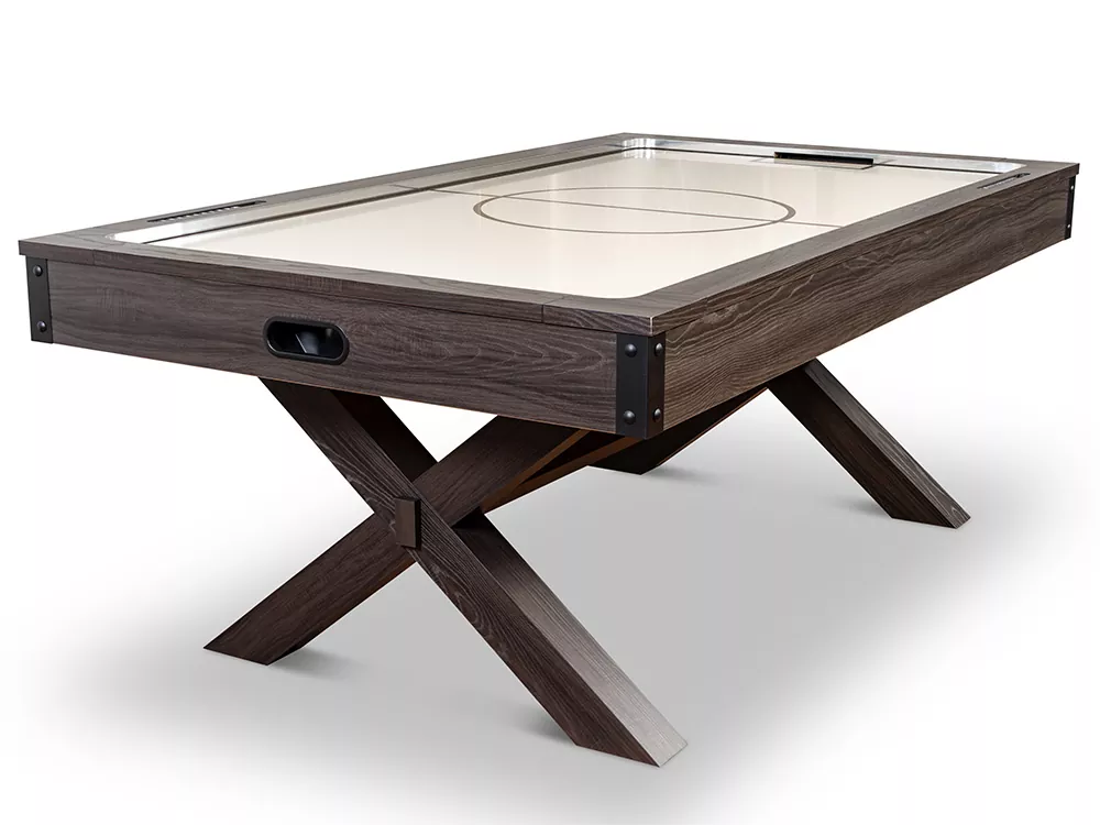 Wooden air hockey table with a basketball court design.