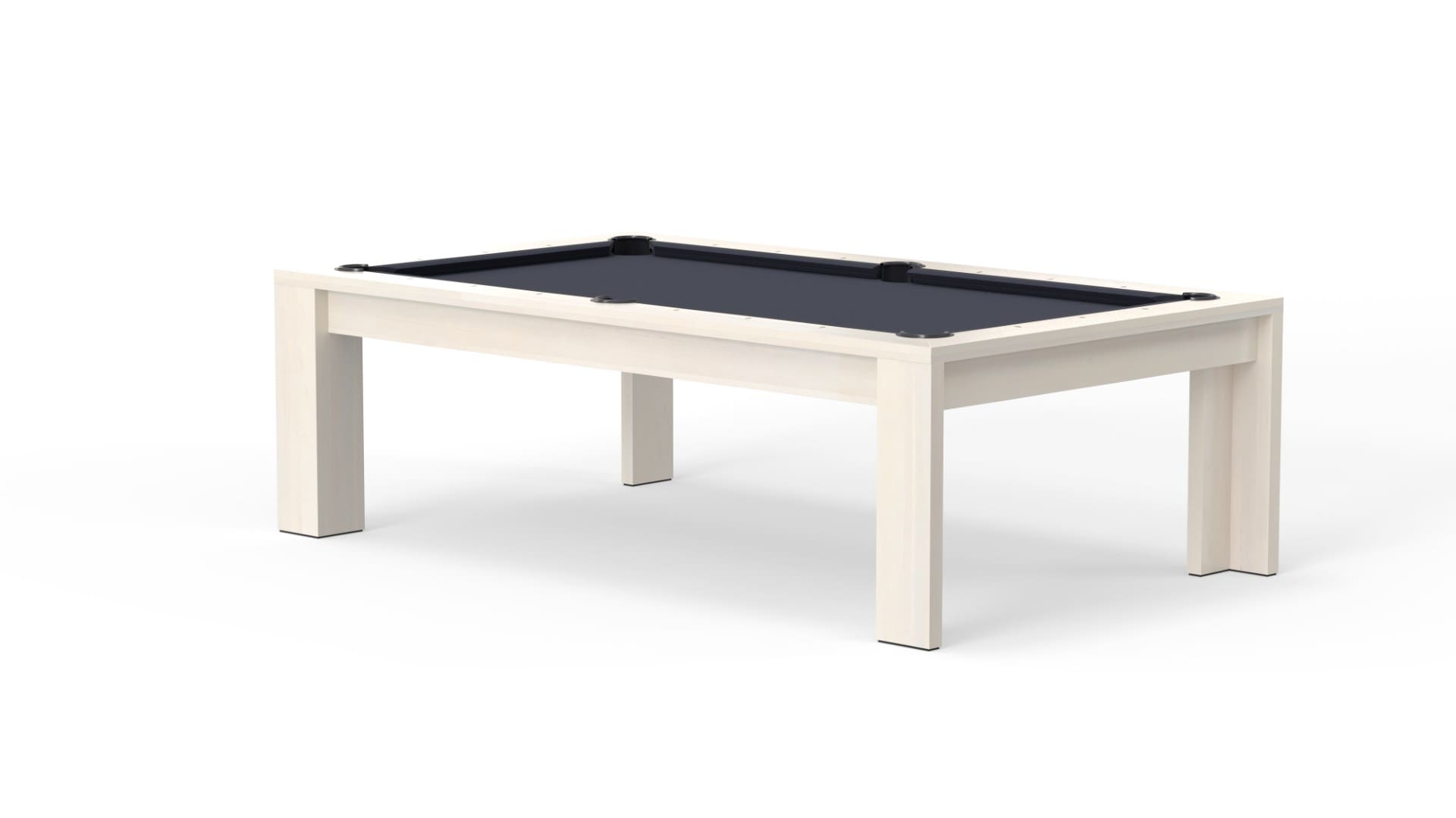 White wooden pool table with black felt.
