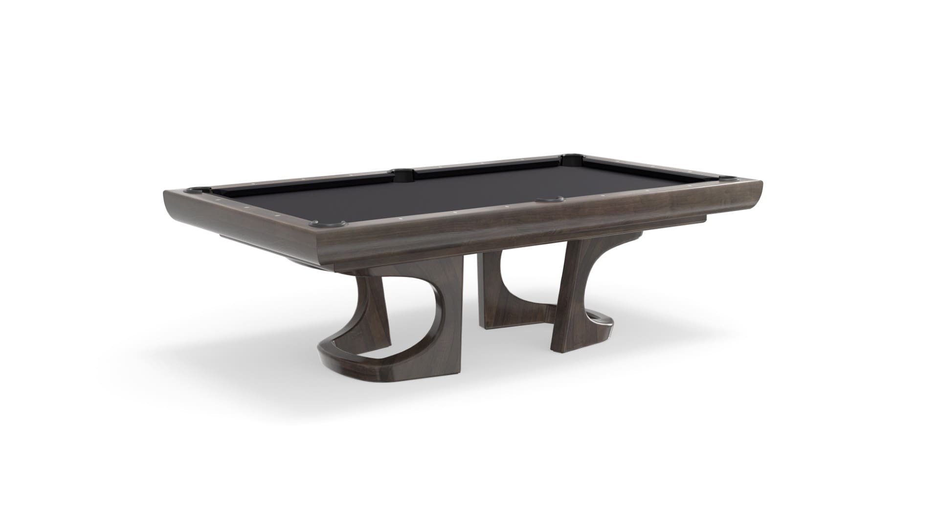 Modern brown pool table with black felt.