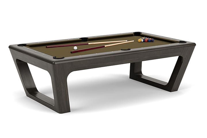 Modern pool table with cues and balls.