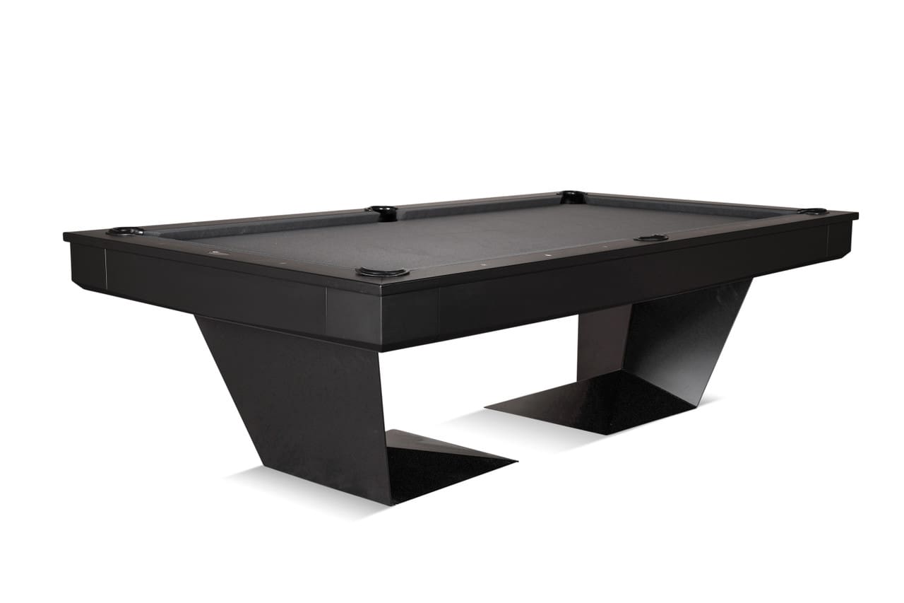 Black pool table with unique legs.