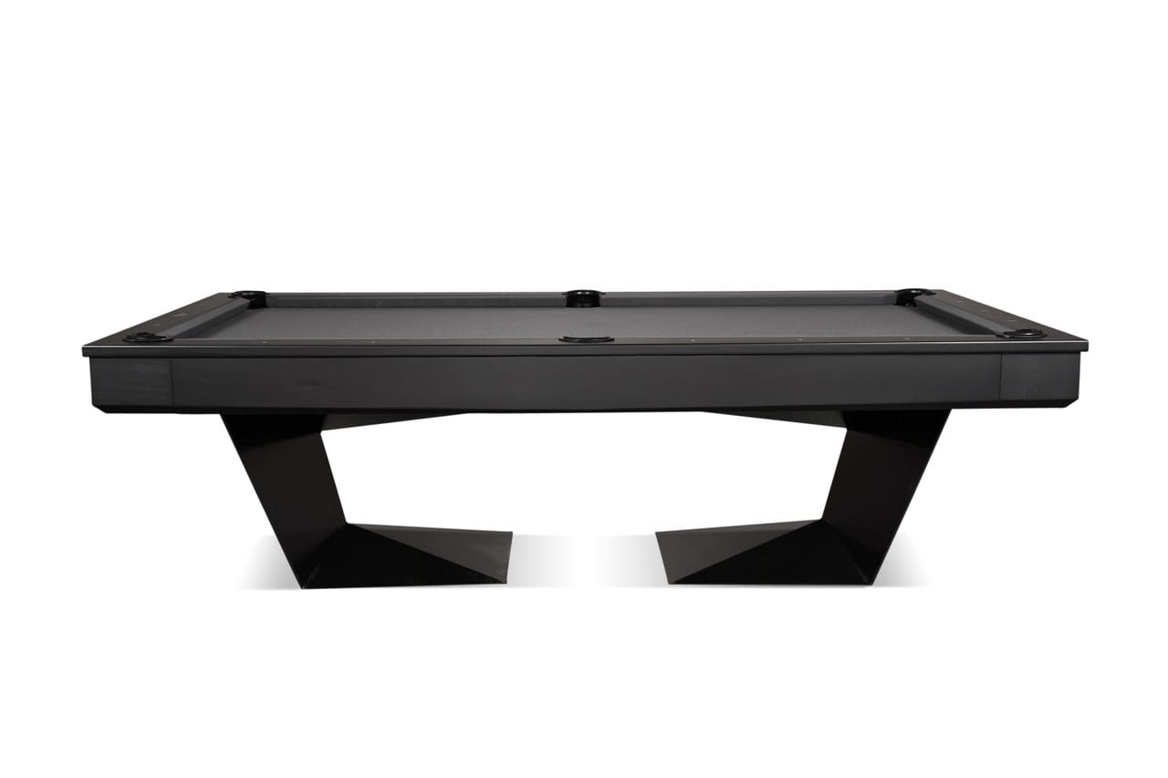 Black pool table with geometric legs.