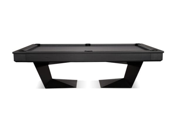 Black pool table with geometric legs.