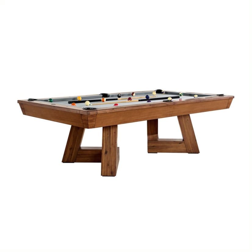 Wooden pool table with gray felt.