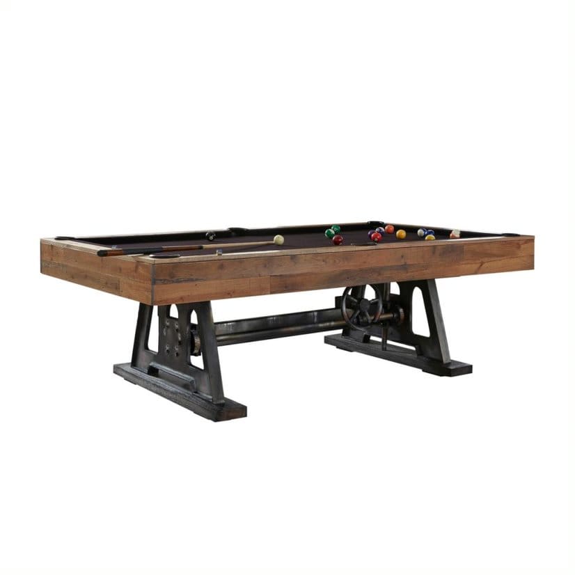Rustic industrial-style pool table with cue.