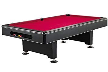 Here's an alt tag for the image: Black pool table with red felt.
