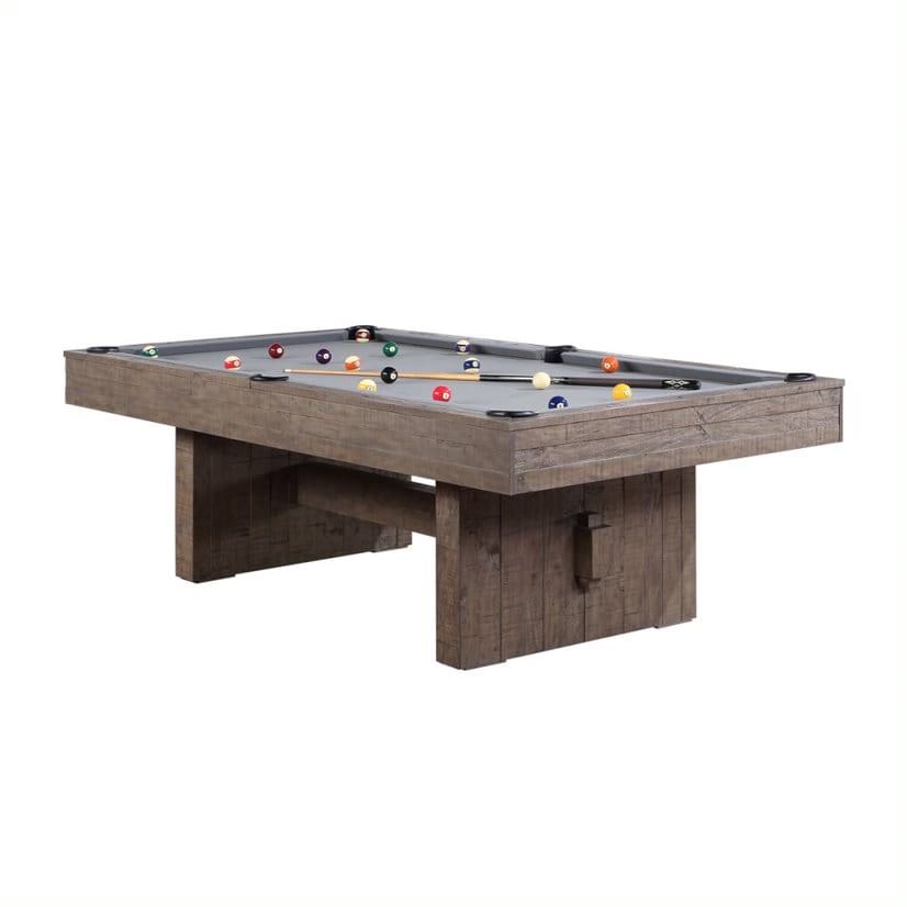 Rustic wooden pool table with balls.