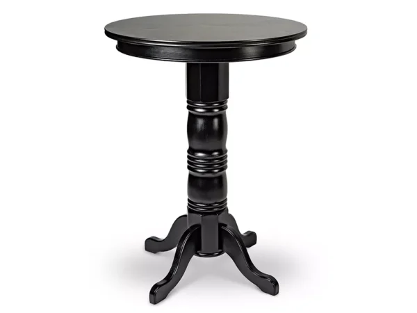 Black round wooden pub table with legs.
