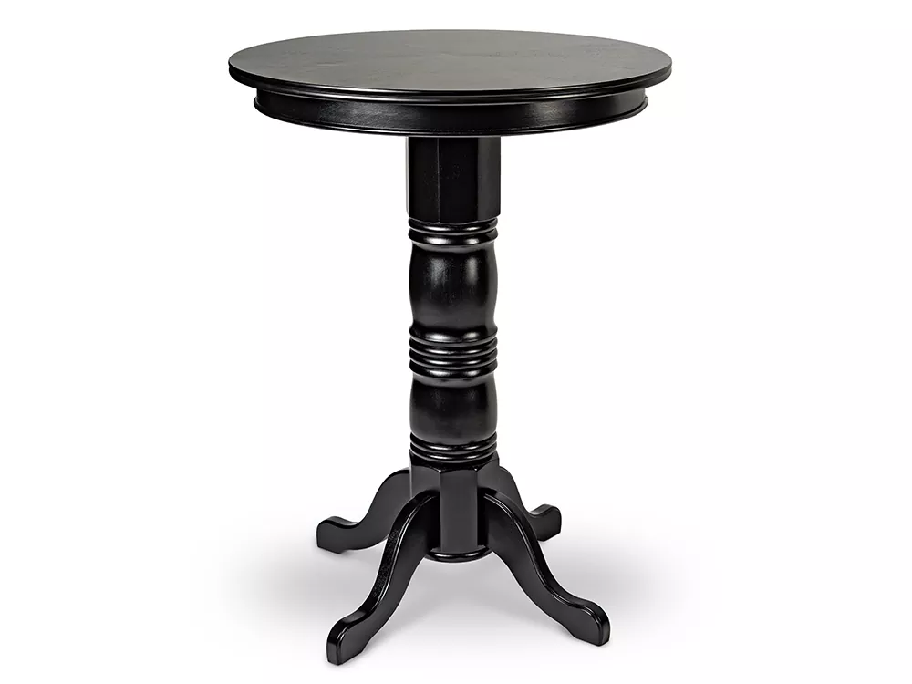 Black round wooden pub table with legs.