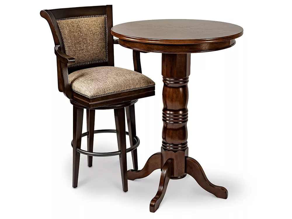 Wood bar table and swivel stool.