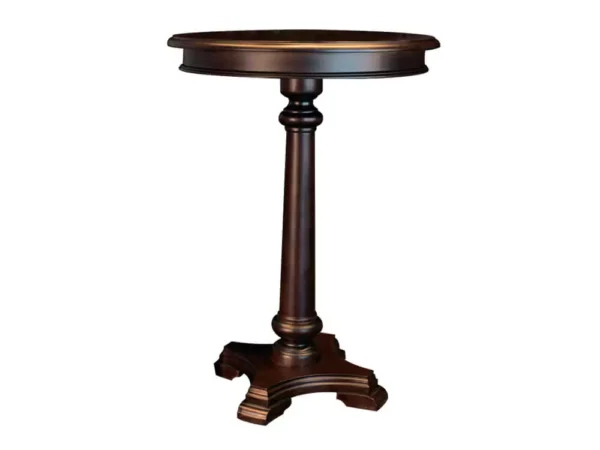 Dark wood round table with pedestal base.