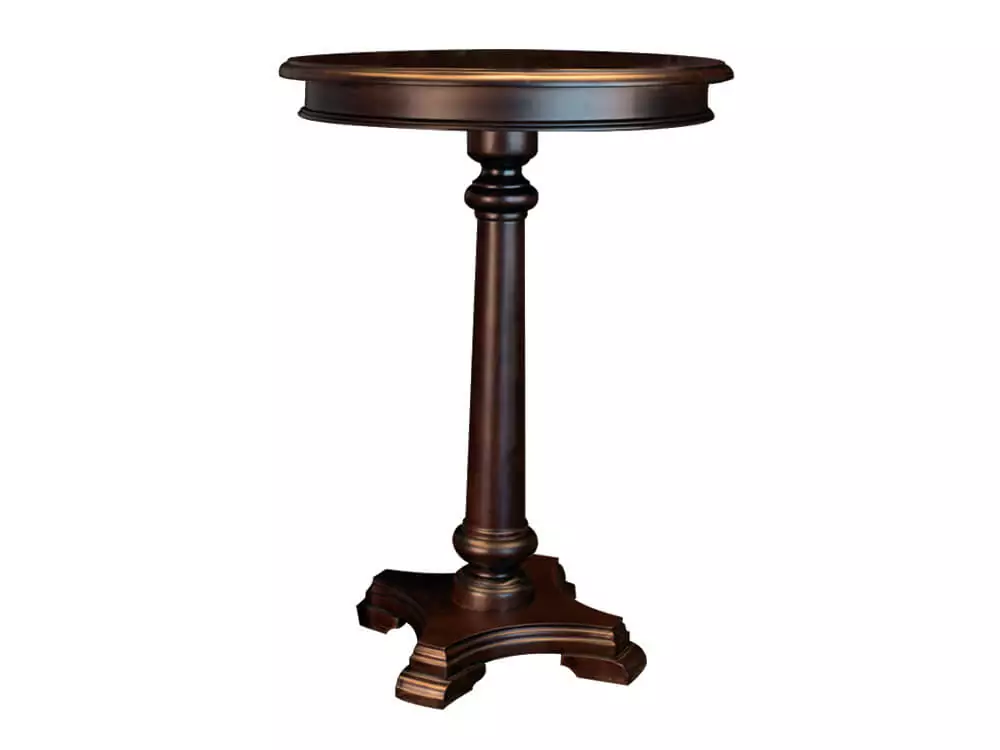 Dark wood round table with pedestal base.