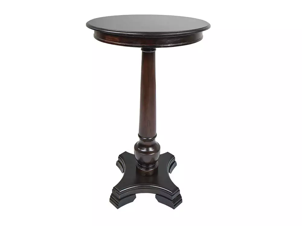 Dark wood round table with pedestal base.