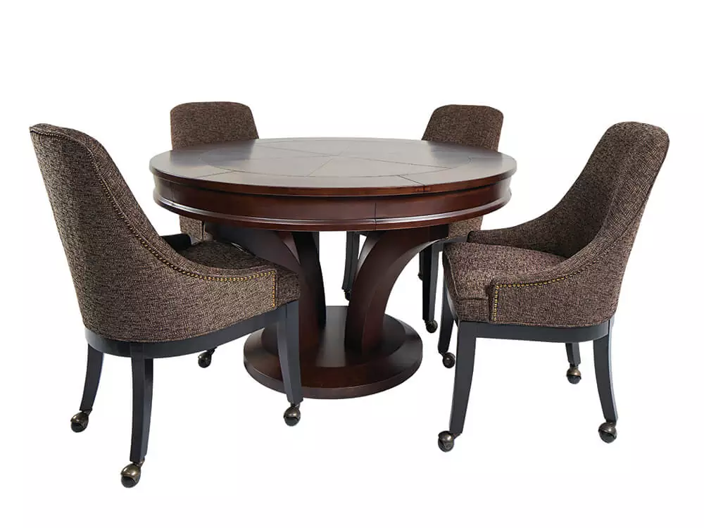 Brown dining table with four chairs.