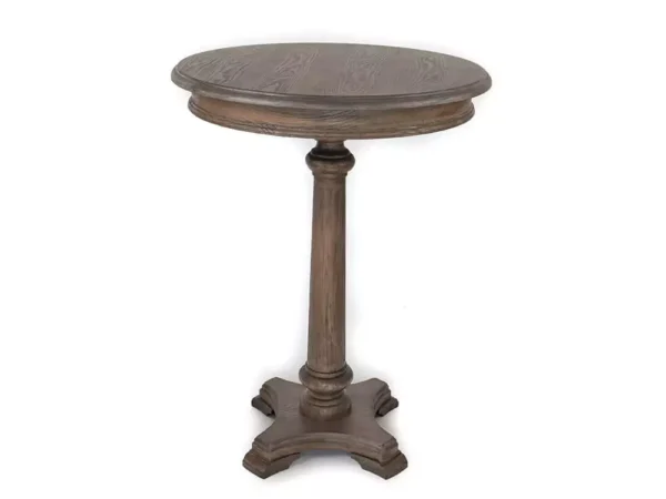Round wooden table with a pedestal base.