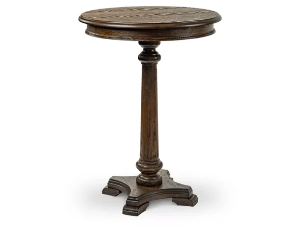 Dark brown round wooden pedestal table.