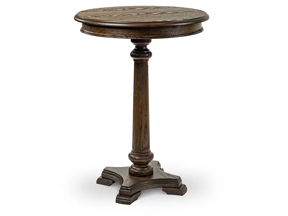 Dark brown round wooden pedestal table.