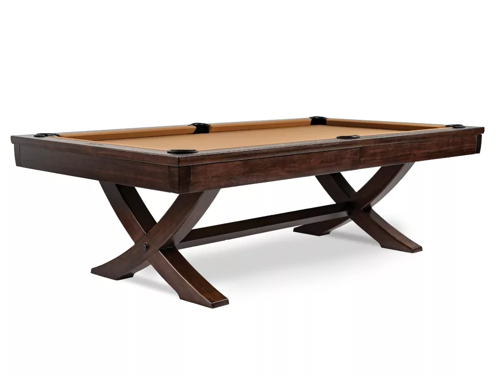 Dark brown pool table with X base.
