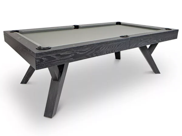 Here's an alt tag for the image: Black modern pool table with gray felt.