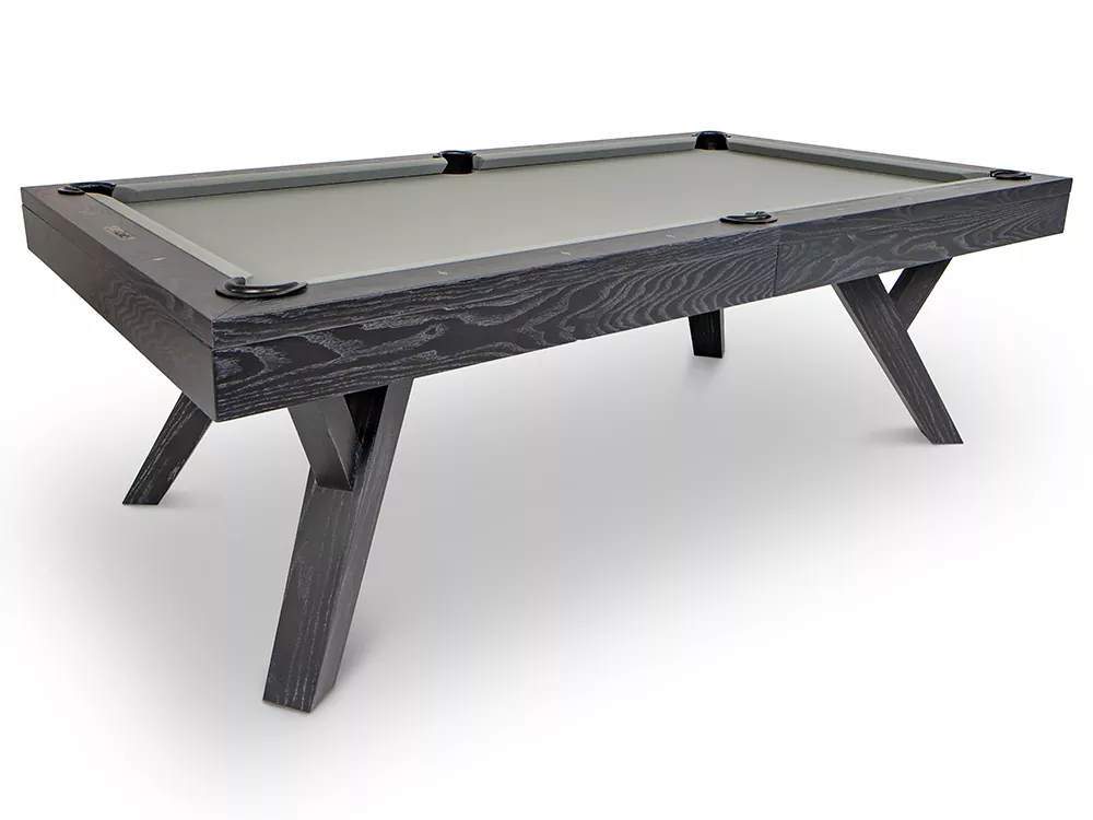 Here's an alt tag for the image: Black modern pool table with gray felt.