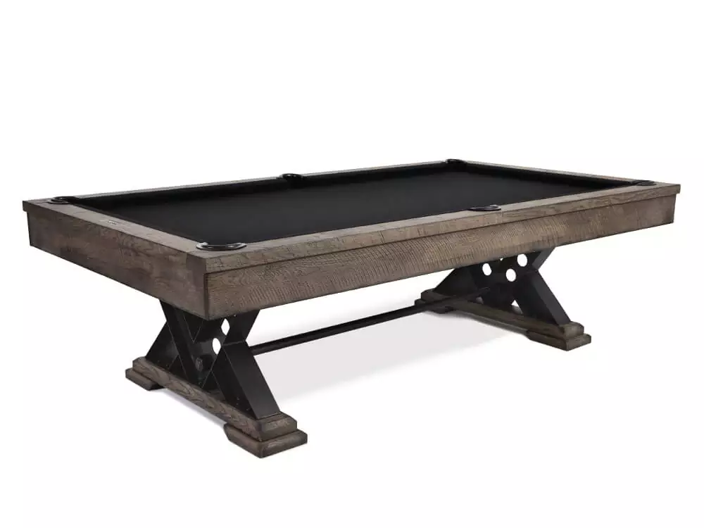 Rustic gray pool table with black felt.