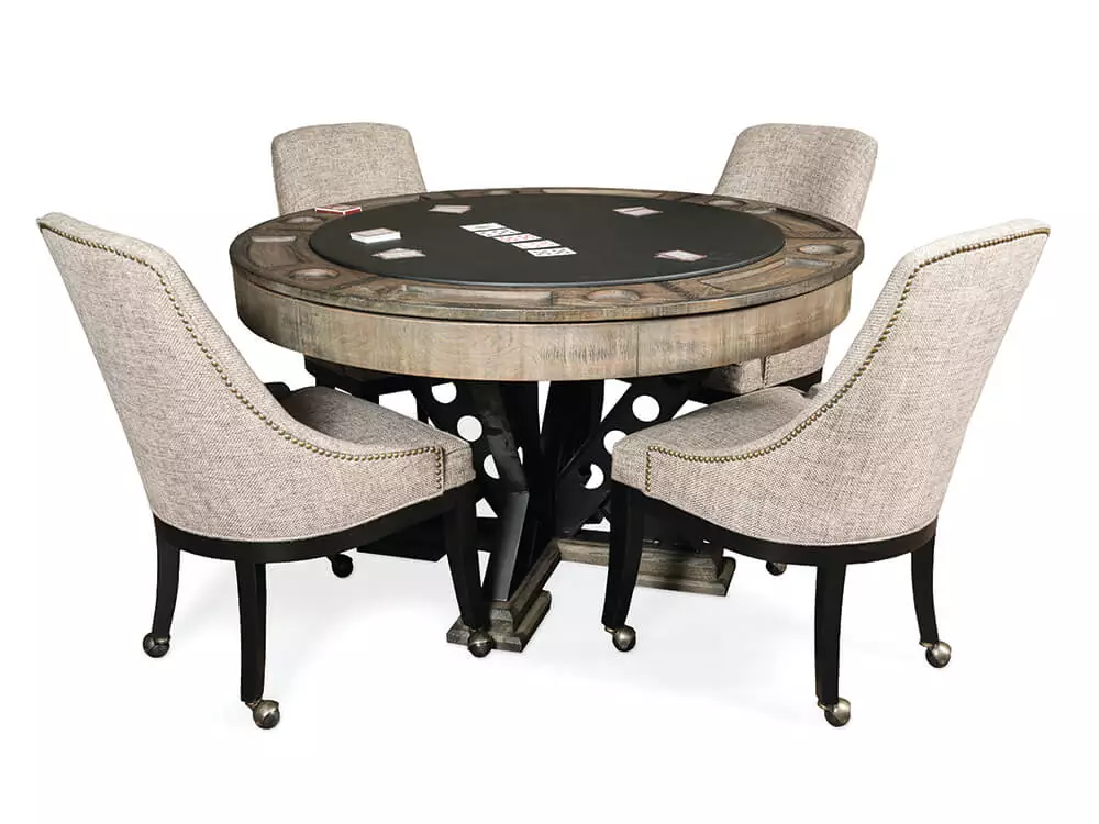 Here's an alt tag for the image: Round poker table with four chairs.