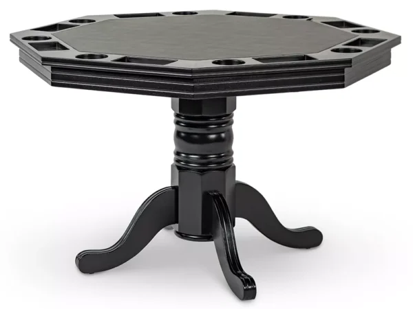 Black octagonal poker table with cup holders.