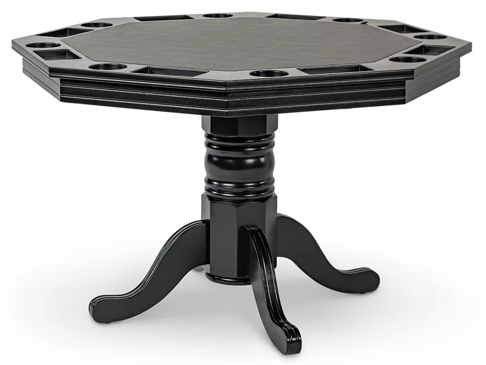 Black octagonal poker table with cup holders.