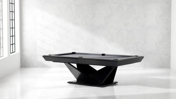 Modern black pool table with unique legs.