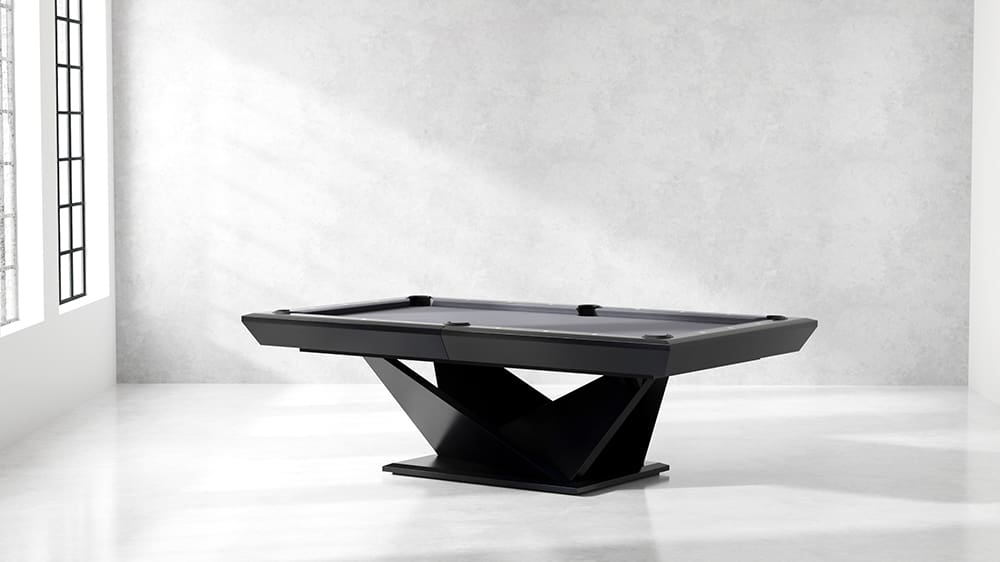 Modern black pool table with unique legs.