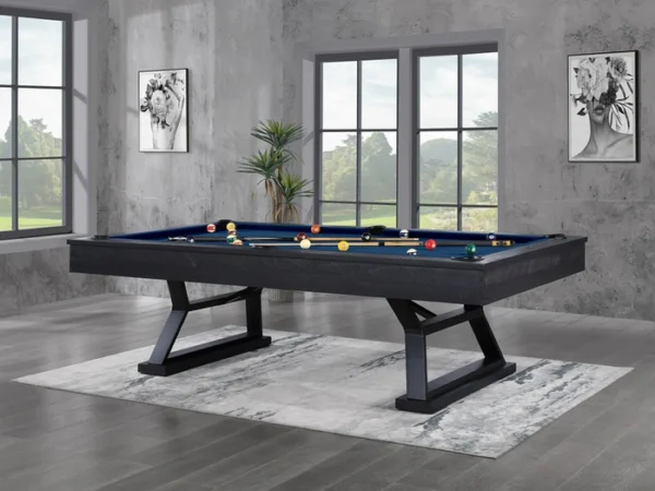 Modern black pool table with blue felt.