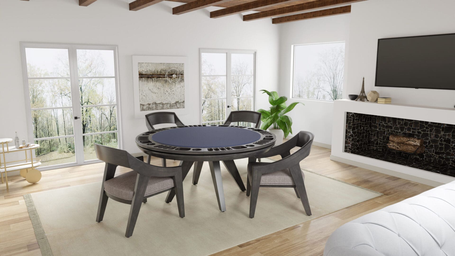 Dark wood poker table with blue felt.