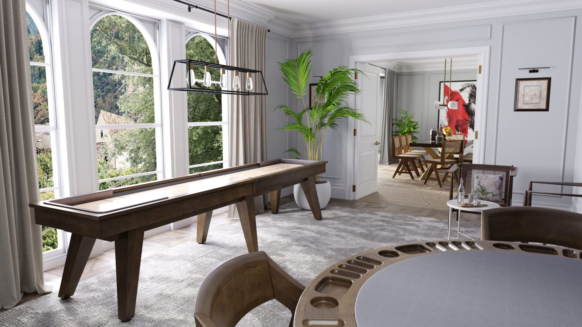 Modern game room with shuffleboard table.
