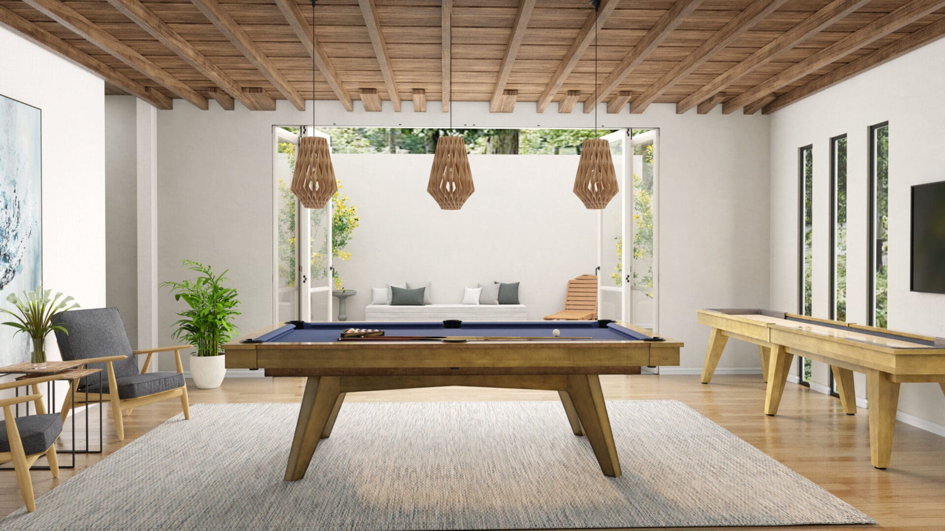 Game room with pool and shuffleboard tables.