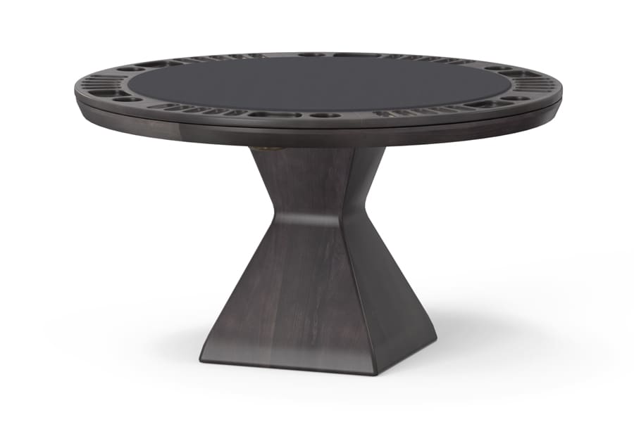 Dark wood poker table with cup holders.