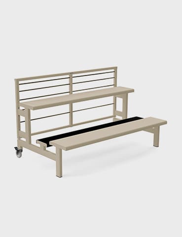 Beige two-tiered bench with wheels.