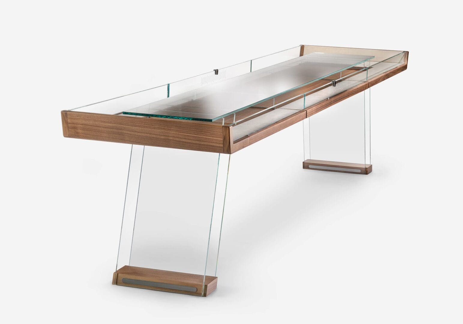 Modern glass-top wooden desk with drawers.
