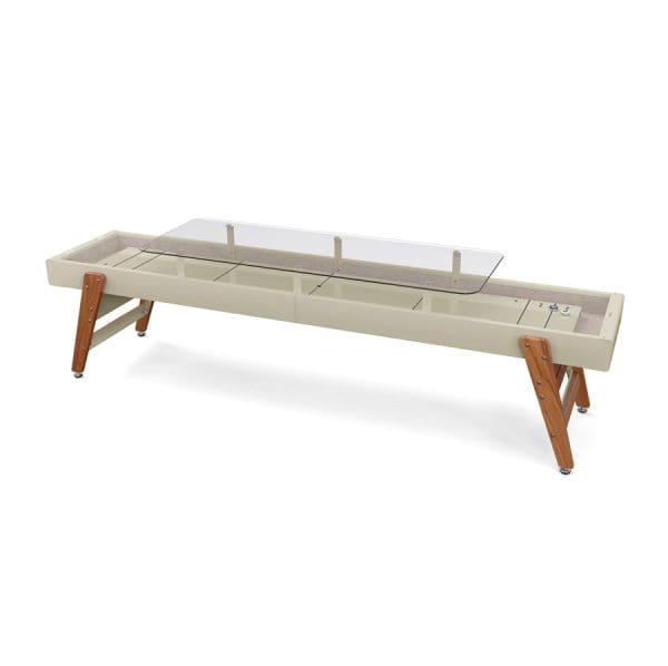 Modern shuffleboard table with glass top.