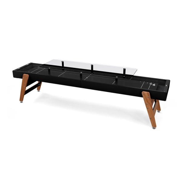Black shuffleboard table with glass top.