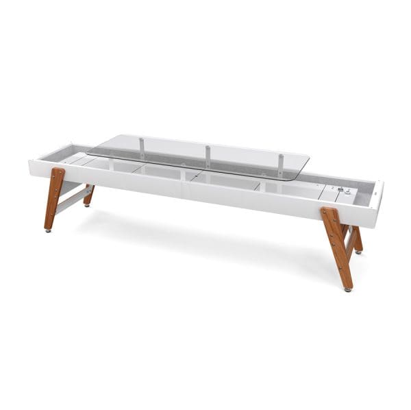 White shuffleboard table with glass top.