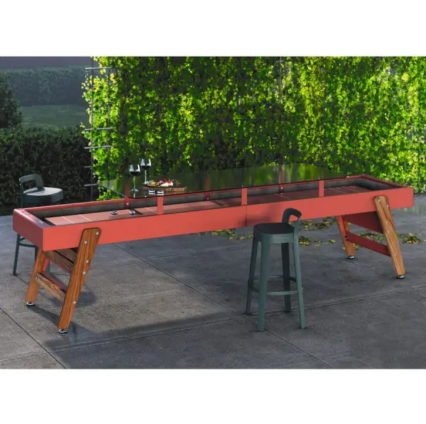 Outdoor shuffleboard table with glass top.