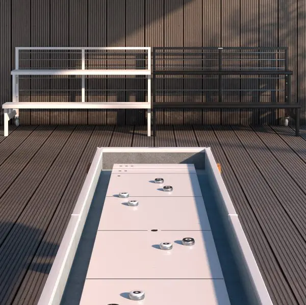 Outdoor shuffleboard game on deck.