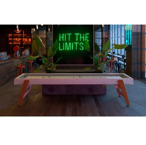 Modern shuffleboard table, neon sign.