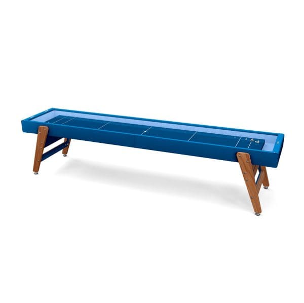 Blue shuffleboard table with wooden legs.