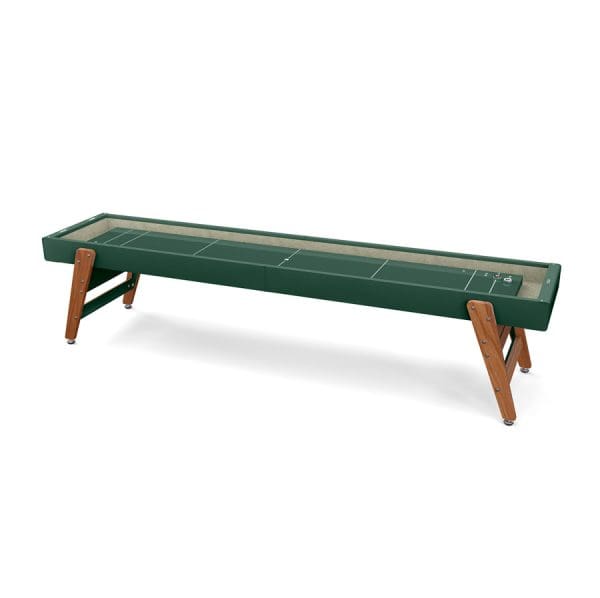 Green shuffleboard table with wooden legs.