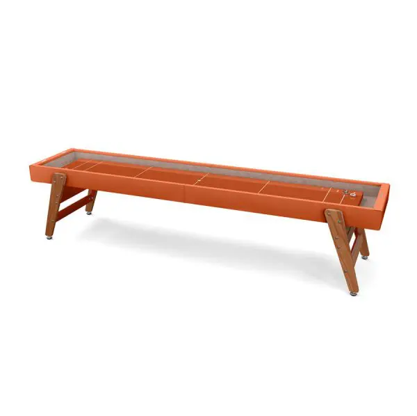Orange shuffleboard table with wood legs.