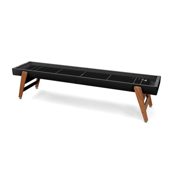 Black shuffleboard table with wood legs