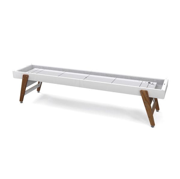 White shuffleboard table with wood legs.